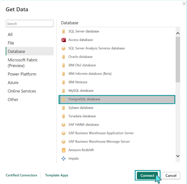 Power bi import data from postgres database
